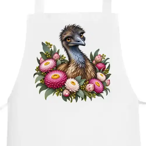Elegant Emu with Everlasting Daisies printed on a white Apron, design by Australia Art Prints