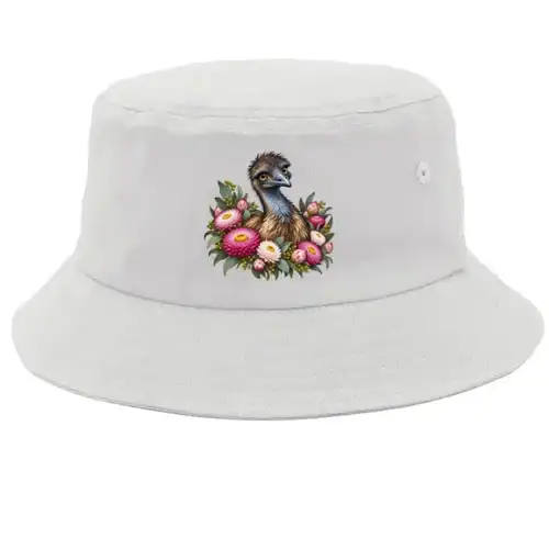 Elegant Emu with Everlasting Daisies printed on a white Bucket Hat, design by Australia Art Prints