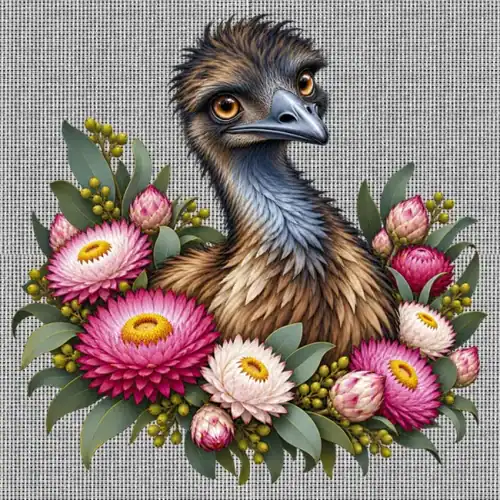 Elegant Emu with Everlasting Daisies printed on a white Cross Stitch Canvas, design by Australia Art Prints
