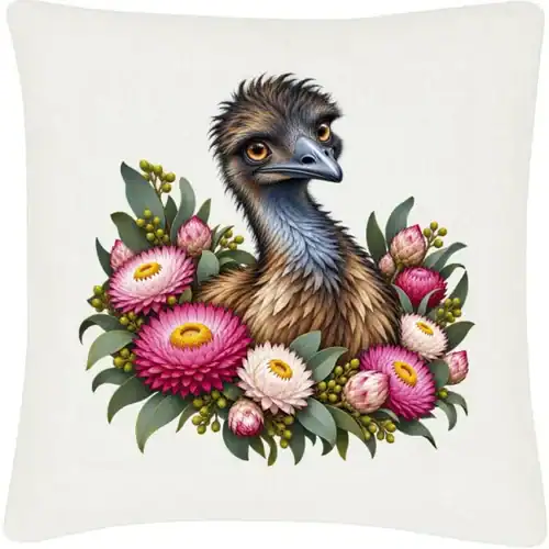 Elegant Emu with Everlasting Daisies printed on an off white Cushion Cover, design by Australia Art Prints