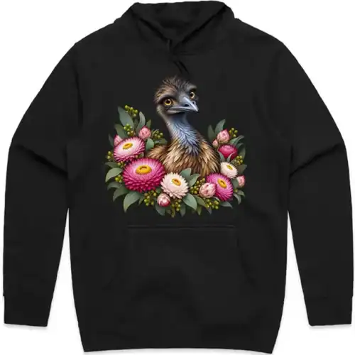 Elegant Emu with Everlasting Daisies printed on a black Hoodie, design by Australia Art Prints
