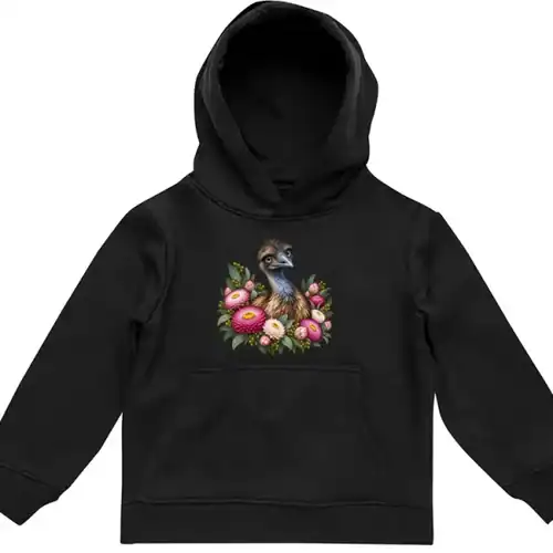 Elegant Emu with Everlasting Daisies printed on a black Kids Hoodie, design by Australia Art Prints