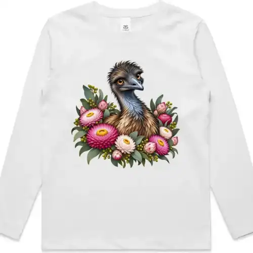 Elegant Emu with Everlasting Daisies printed on a white Kids Long Sleeve T-Shirt, design by Australia Art Prints
