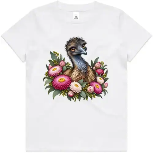 Elegant Emu with Everlasting Daisies printed on a white Kids T-Shirt, design by Australia Art Prints