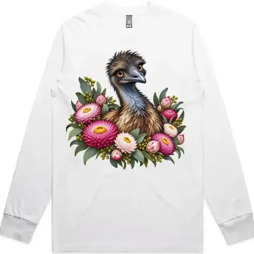 Elegant Emu with Everlasting Daisies printed on a white Long Sleeve T-Shirt, design by Australia Art Prints