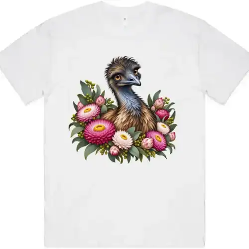 Elegant Emu with Everlasting Daisies printed on a white Oversized T-Shirt, design by Australia Art Prints