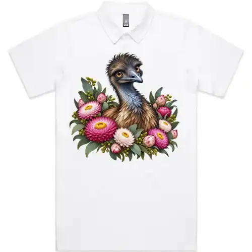 Elegant Emu with Everlasting Daisies printed on a white Polo Shirt, design by Australia Art Prints