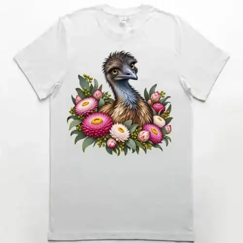 Elegant Emu with Everlasting Daisies printed on a white Premium Men’s T-Shirt, design by Australia Art Prints