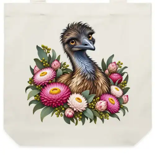 Elegant Emu with Everlasting Daisies printed on a natural Tote Bag, design by Australia Art Prints