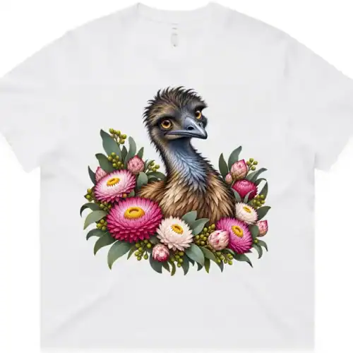 Elegant Emu with Everlasting Daisies printed on a white Women’s Boxy T-Shirt, design by Australia Art Prints