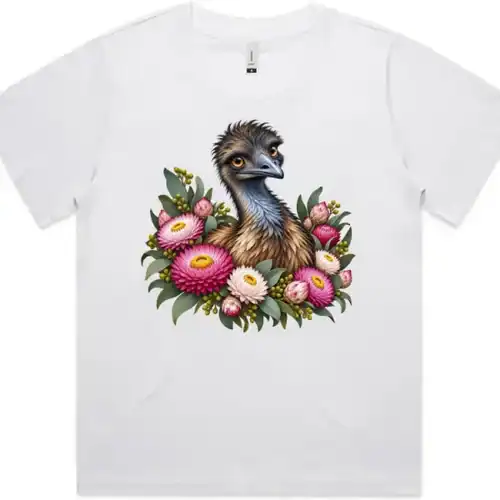 Elegant Emu with Everlasting Daisies printed on a white Women’s Fitted T-Shirt, design by Australia Art Prints