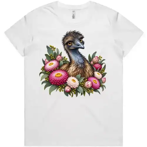Elegant Emu with Everlasting Daisies printed on a white Women’s T-Shirt, design by Australia Art Prints
