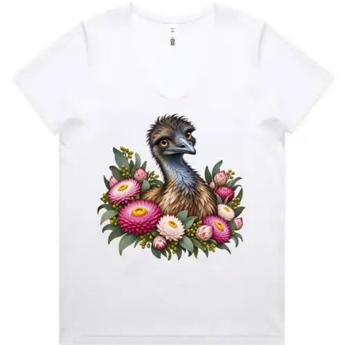 Elegant Emu with Everlasting Daisies printed on a white Women’s V-Neck T-Shirt, design by Australia Art Prints