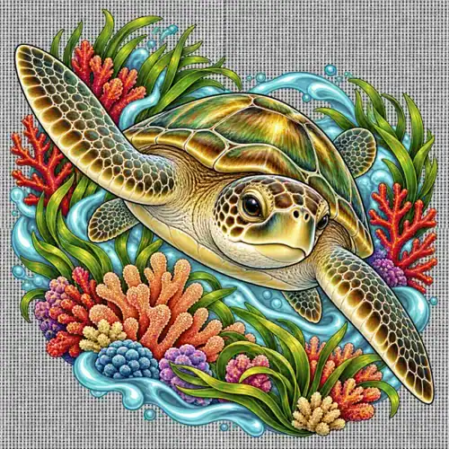 Green Sea Turtle Among Coral and Seagrass printed on a white Cross Stitch Canvas, design by Australia Art Prints