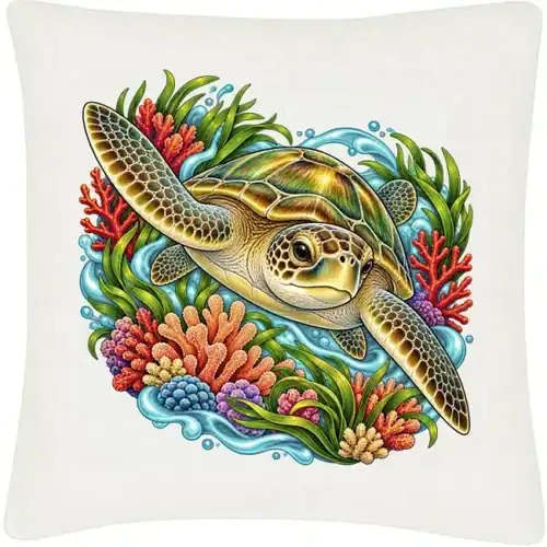Green Sea Turtle Among Coral and Seagrass printed on an off white Cushion Cover, design by Australia Art Prints