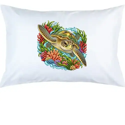 Green Sea Turtle Among Coral and Seagrass printed on a white Pillow Case, design by Australia Art Prints
