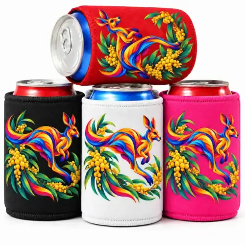 Black, white and hot pink stubby holders with colourful kangaroo, eucalyptus and wattle artwork, with a red holder resting sideways on top.