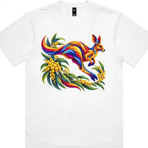 Kangaroo with Eucalyptus and Wattle printed on a white Boxy T-Shirt, design by Australia Art Prints