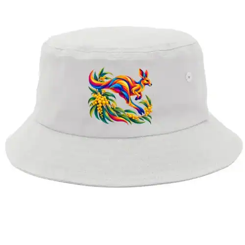 Kangaroo with Eucalyptus and Wattle printed on a white Bucket Hat, design by Australia Art Prints