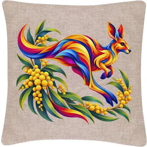 Kangaroo with Eucalyptus and Wattle printed on a flax Cushion Cover, design by Australia Art Prints