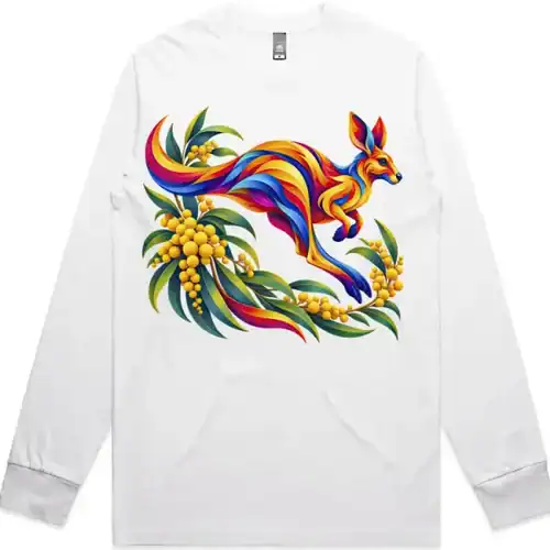 Kangaroo with Eucalyptus and Wattle printed on a white Long Sleeve T-Shirt, design by Australia Art Prints