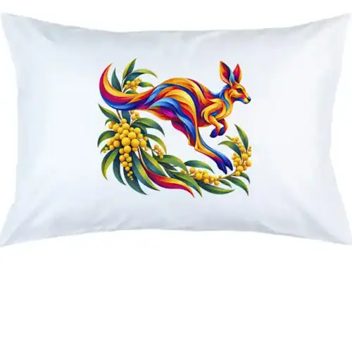 Kangaroo with Eucalyptus and Wattle printed on a white Pillow Case, design by Australia Art Prints