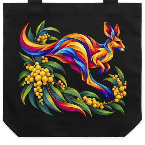 Kangaroo with Eucalyptus and Wattle printed on a black Tote Bag, design by Australia Art Prints