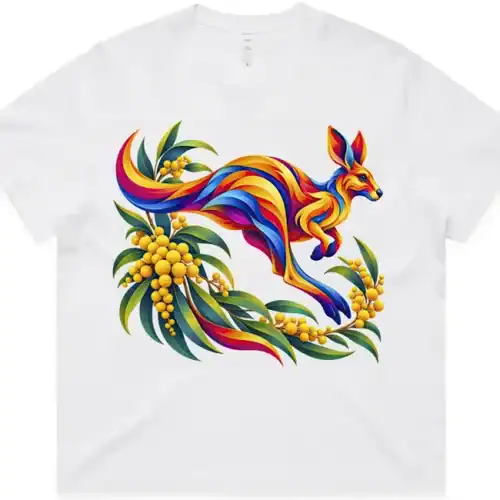 Kangaroo with Eucalyptus and Wattle printed on a white Women’s Boxy T-Shirt, design by Australia Art Prints