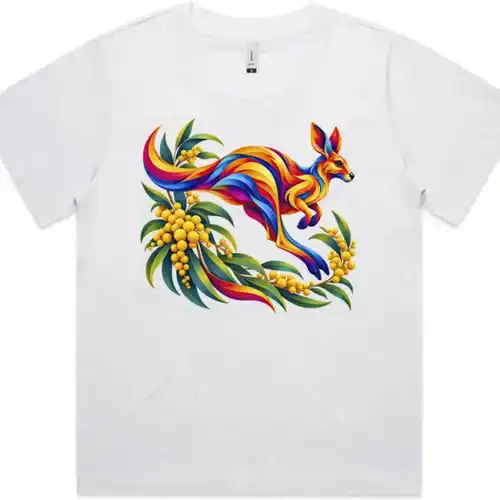 Kangaroo with Eucalyptus and Wattle printed on a white Women’s Fitted T-Shirt, design by Australia Art Prints