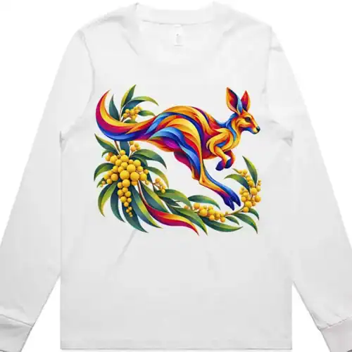 Kangaroo with Eucalyptus and Wattle printed on a white Women’s Long Sleeve T-Shirt, design by Australia Art Prints