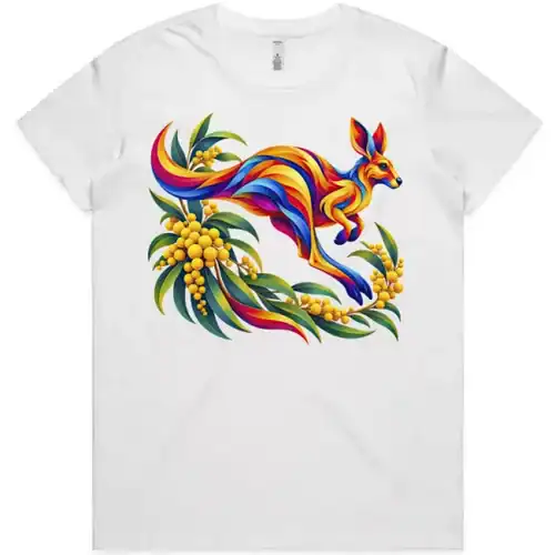 Kangaroo with Eucalyptus and Wattle printed on a white Women’s T-Shirt, design by Australia Art Prints