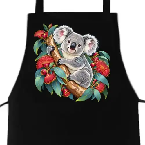 Koala in Coral Eucalyptus printed on a black Apron, design by Australia Art Prints