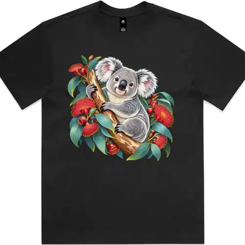 Koala in Coral Eucalyptus printed on a black Boxy T-Shirt, design by Australia Art Prints