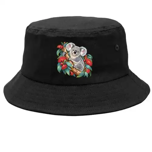 Koala in Coral Eucalyptus printed on a black Bucket Hat, design by Australia Art Prints