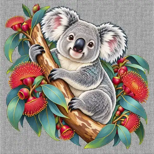Koala in Coral Eucalyptus printed on a white Cross Stitch Canvas, design by Australia Art Prints