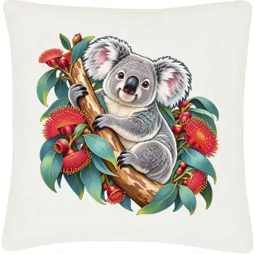 Koala in Coral Eucalyptus printed on an off white Cushion Cover, design by Australia Art Prints