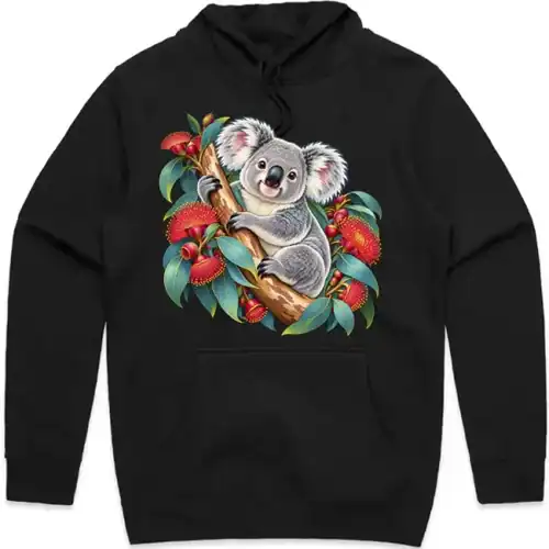 Koala in Coral Eucalyptus printed on a black Hoodie, design by Australia Art Prints
