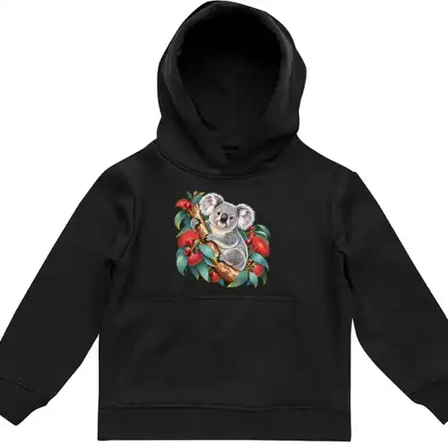 Koala in Coral Eucalyptus printed on a black Kids Hoodie, design by Australia Art Prints