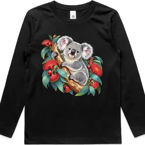 Koala in Coral Eucalyptus printed on a black Kids Long Sleeve T-Shirt, design by Australia Art Prints