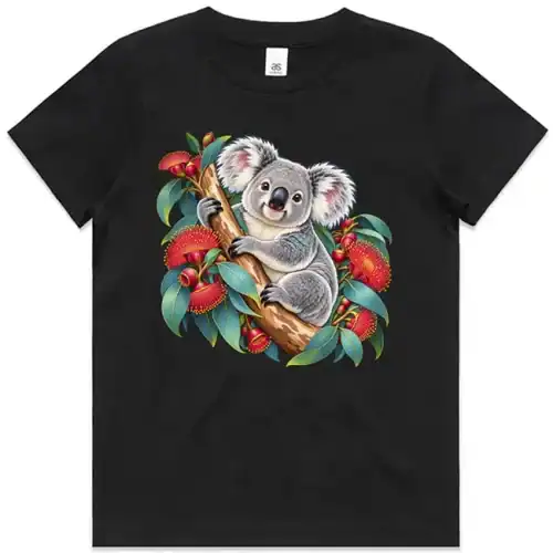 Koala in Coral Eucalyptus printed on a black Kids T-Shirt, design by Australia Art Prints