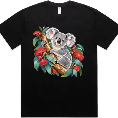 Koala in Coral Eucalyptus printed on a black Oversized T-Shirt, design by Australia Art Prints