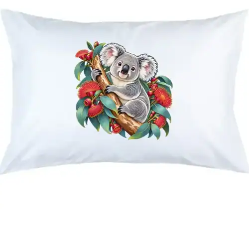 Koala in Coral Eucalyptus printed on a white Pillow Case, design by Australia Art Prints