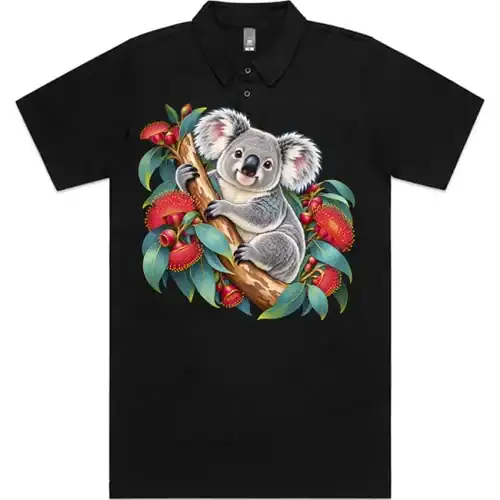 Koala in Coral Eucalyptus printed on a black Polo Shirt, design by Australia Art Prints