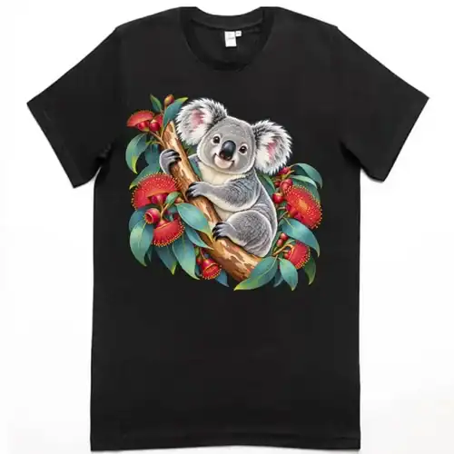 Koala in Coral Eucalyptus printed on a black Premium Men’s T-Shirt, design by Australia Art Prints