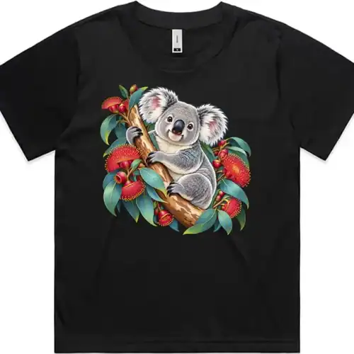 Black women’s Martina T-shirt with a koala among coral-red eucalyptus blossom printed on the front
