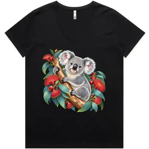 Koala in Coral Eucalyptus printed on a black Women’s V-Neck T-Shirt, design by Australia Art Prints