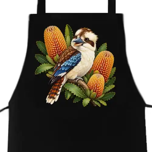 Kookaburra with Golden Banksia printed on a black Apron, design by Australia Art Prints