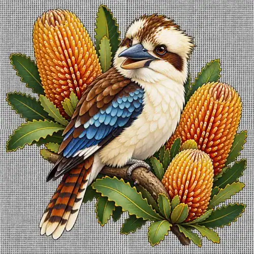 Kookaburra with Golden Banksia printed on a white Cross Stitch Canvas, design by Australia Art Prints