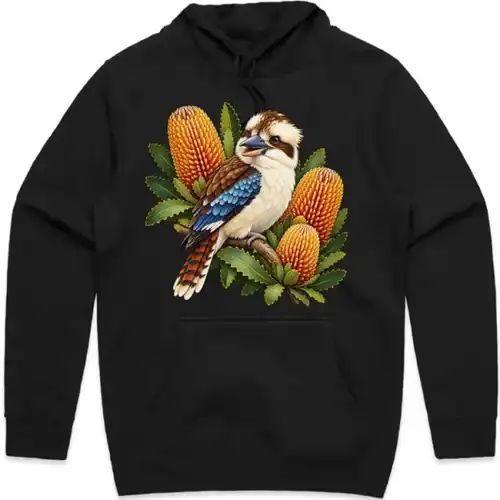 Kookaburra with Golden Banksia printed on a black Hoodie, design by Australia Art Prints