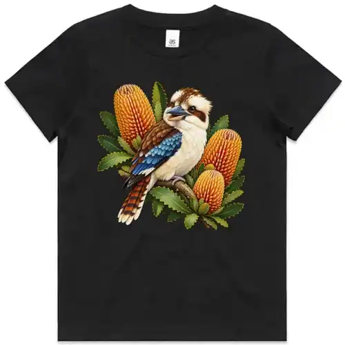 Kookaburra with Golden Banksia printed on a black Kids T-Shirt, design by Australia Art Prints